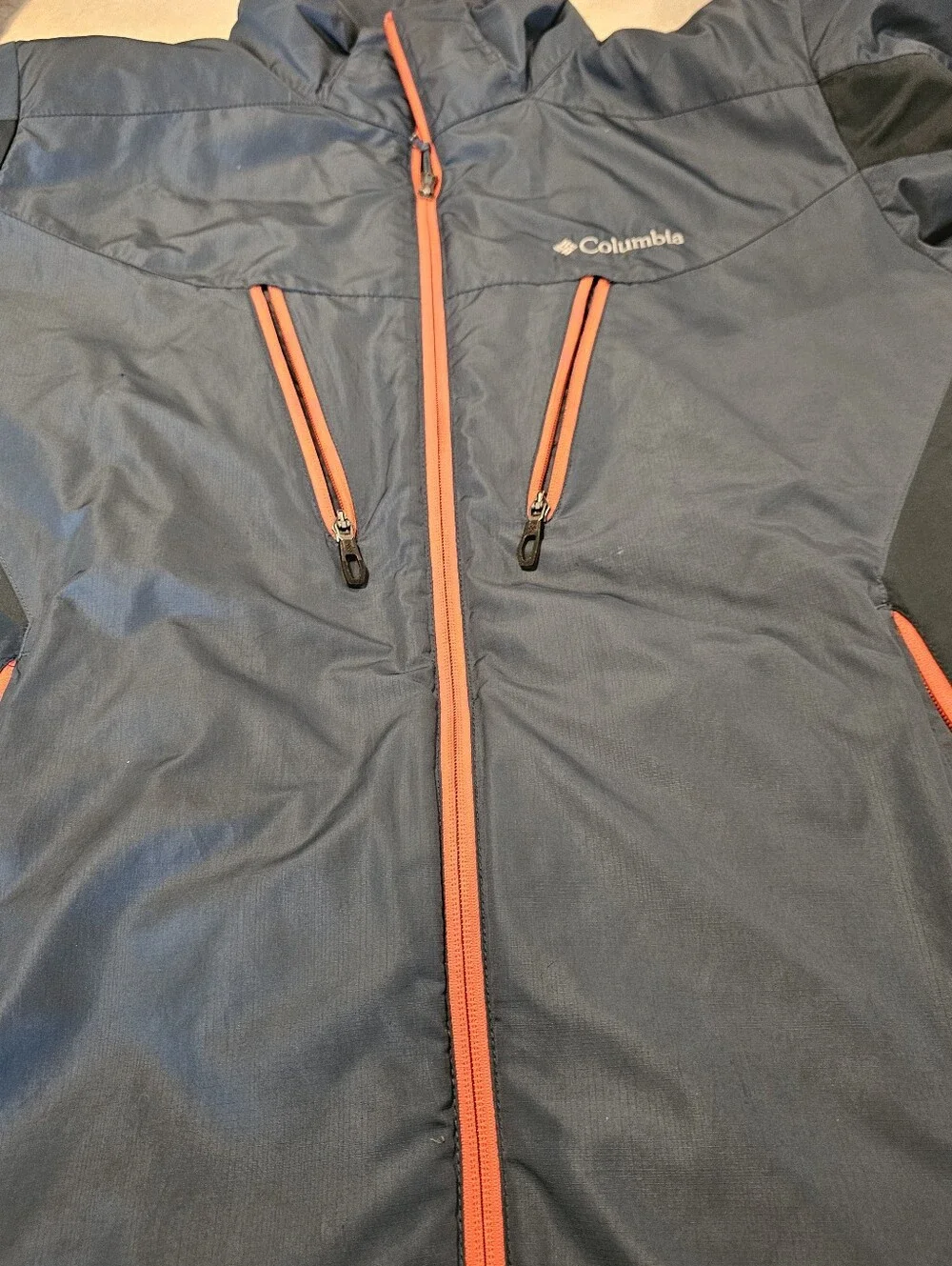Columbia Mens Full Zip Insulated Coat Blue Orange Size L No Hood Warm Euc